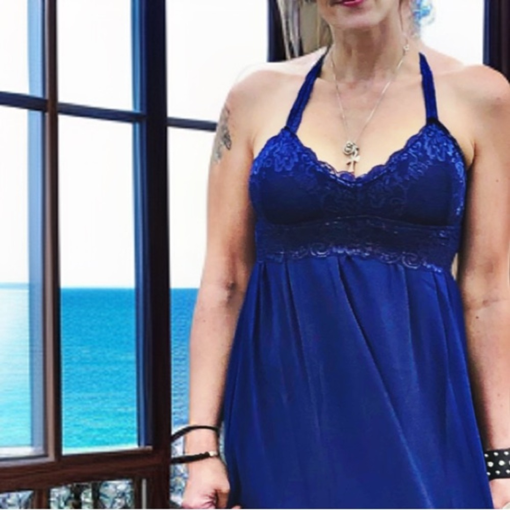 Royal Cobalt Blue Lace Chiffon Double Slit Maxi Dress - Picture 2 of 10